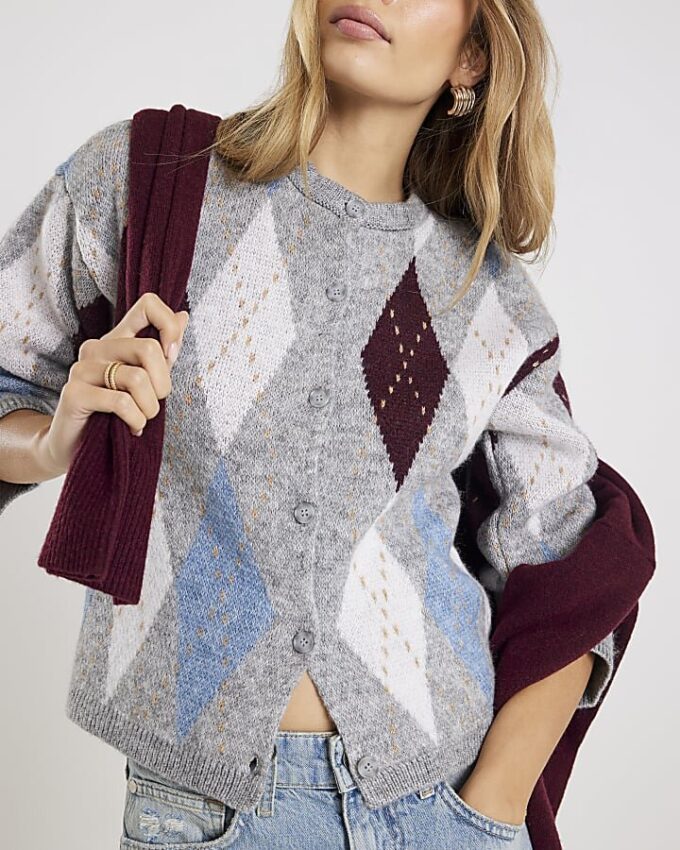 Grey Knitted Argyle Print Cardigan