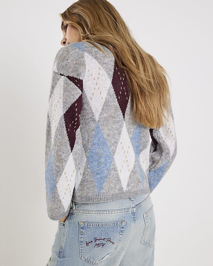 Grey Knitted Argyle Print Cardigan