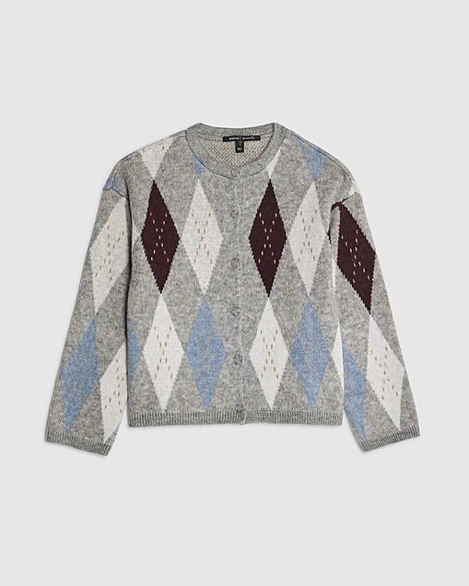 Grey Knitted Argyle Print Cardigan