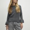 Grey Knitted Frill Cuff Tie Back Jumper