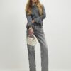 Grey Knitted Frill Cuff Tie Back Jumper