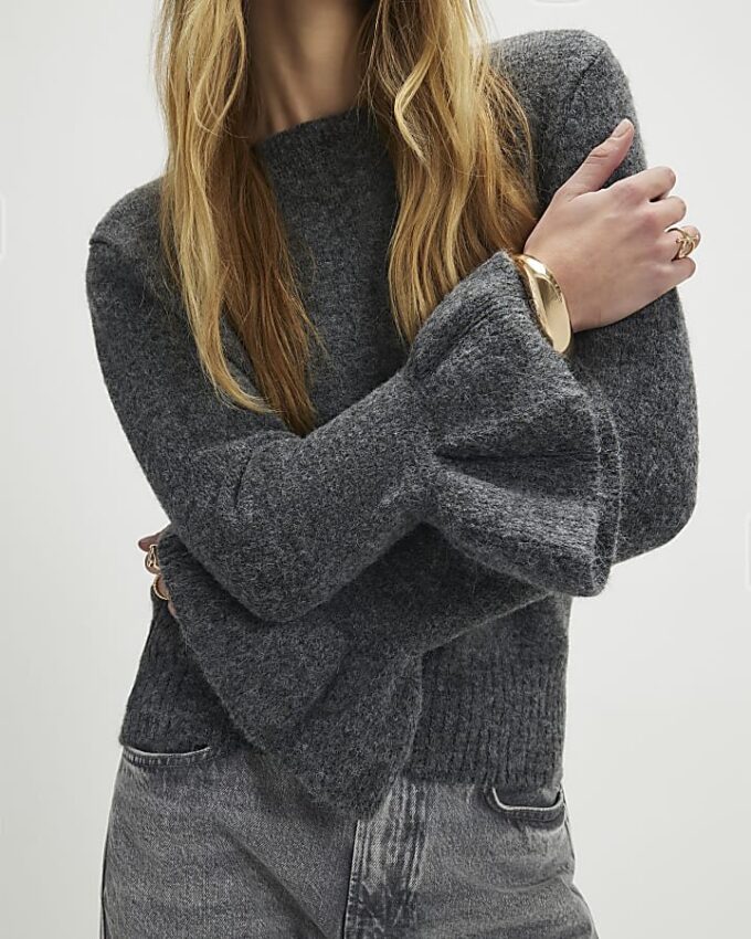 Grey Knitted Frill Cuff Tie Back Jumper