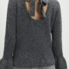 Grey Knitted Frill Cuff Tie Back Jumper