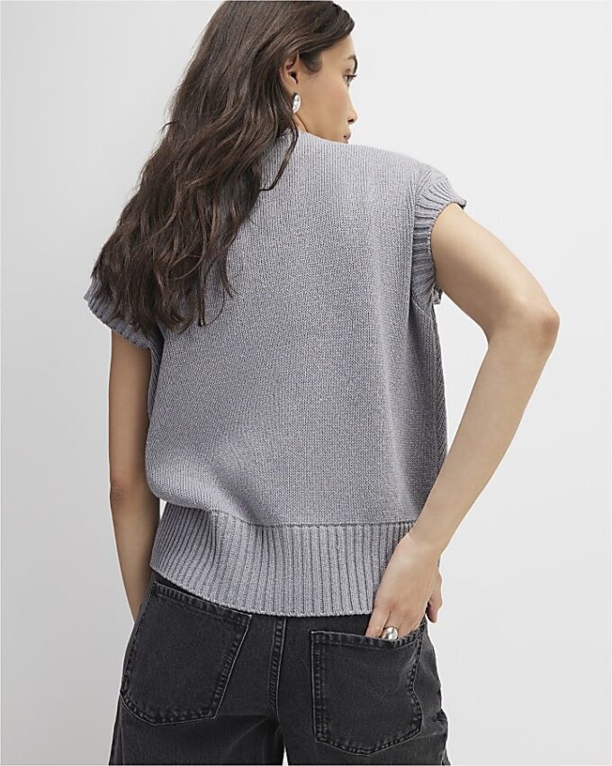 Grey Knitted Sleeveless Ribbed Hem Tank Top