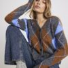 Grey Knitted V Neck Argyle Print Cardigan