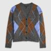 Grey Knitted V Neck Argyle Print Cardigan