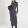 Grey Long Sleeve Cosy Twist Front Midi Dress