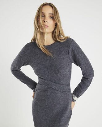 Grey Long Sleeve Cosy Twist Front Midi Dress