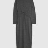 Grey Long Sleeve Cosy Twist Front Midi Dress