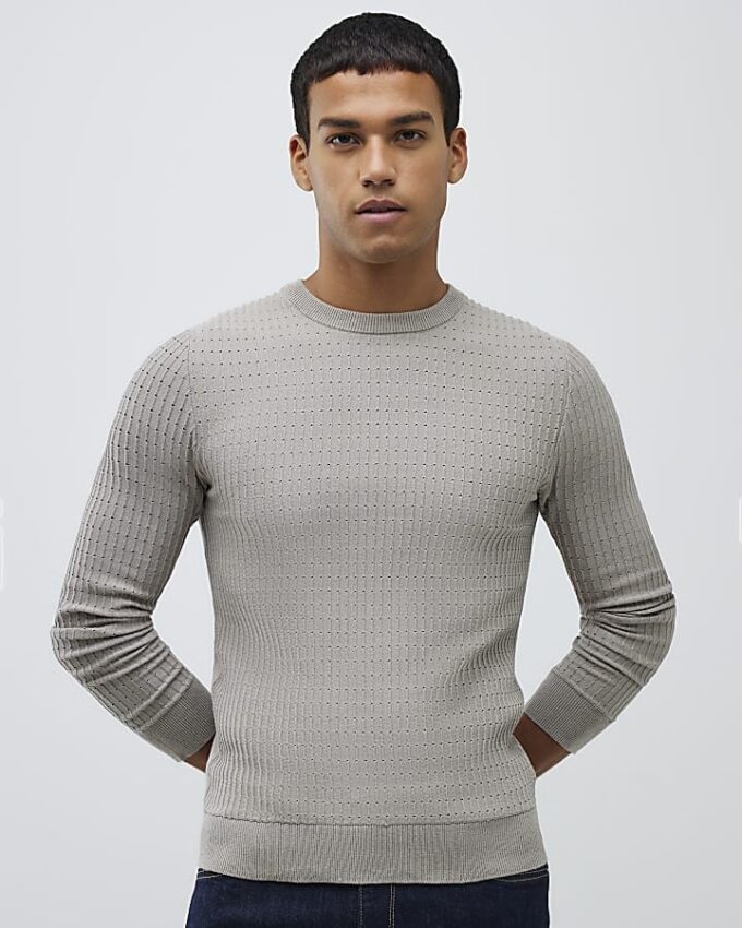 Grey Long Sleeve Muscle Fit Jumper