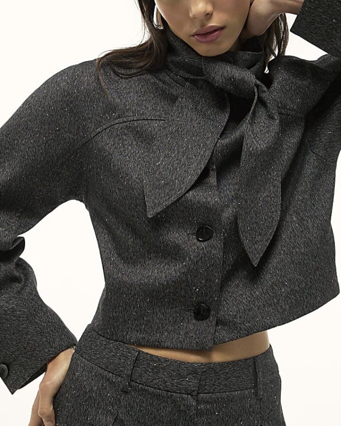 Grey Long Sleeve Tie Neck Jacket