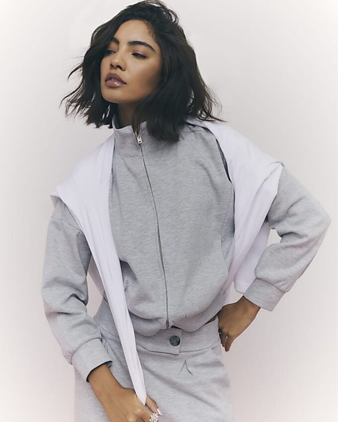 Grey Long Sleeve Zip up Bomber Sweatshirt