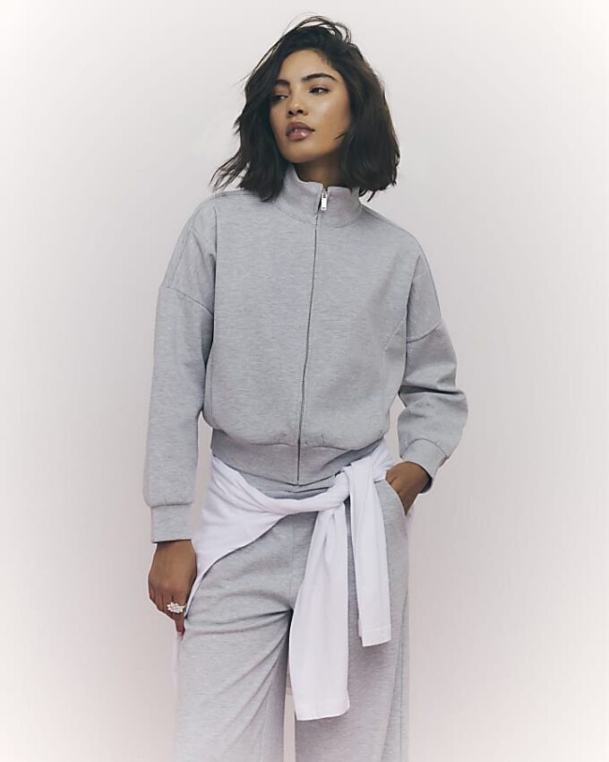 Grey Long Sleeve Zip up Bomber Sweatshirt