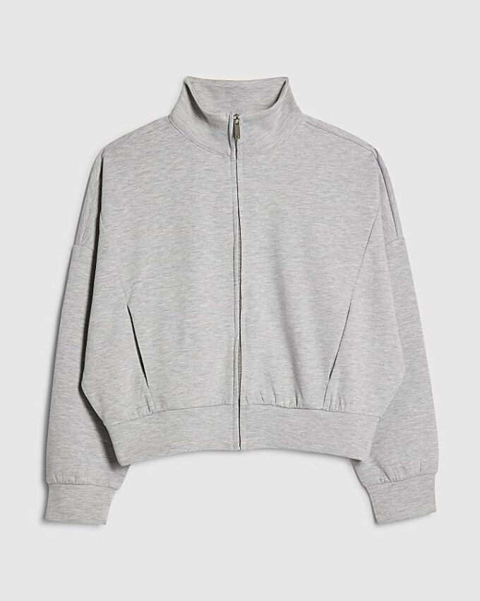 Grey Long Sleeve Zip up Bomber Sweatshirt