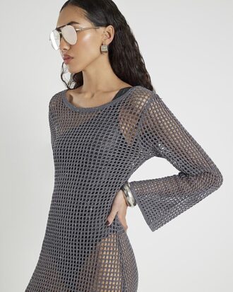 Grey Lurex Long Sleeve Maxi Beach Dress