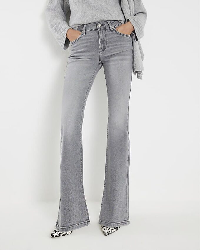 Grey Mid Rise Flared Jeans