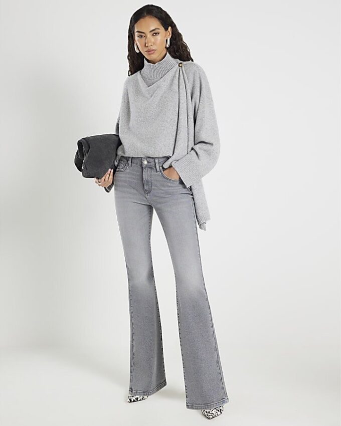 Grey Mid Rise Flared Jeans