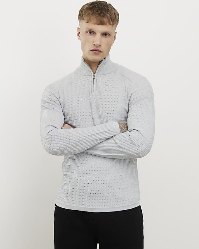 Grey Muscle Fit Knitted Funnel Jumper