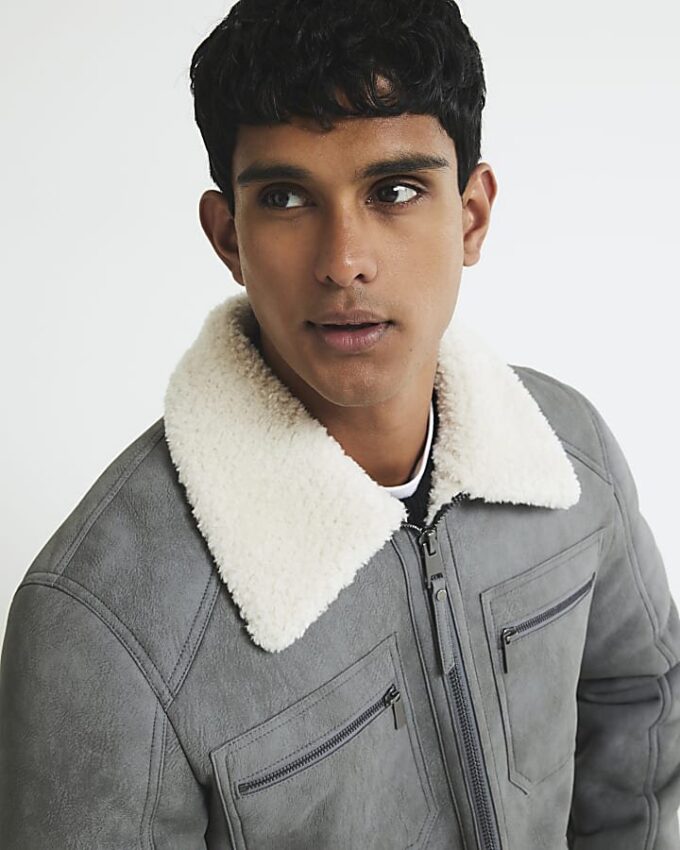 Grey Nubuck Zip Shearling Western Jacket