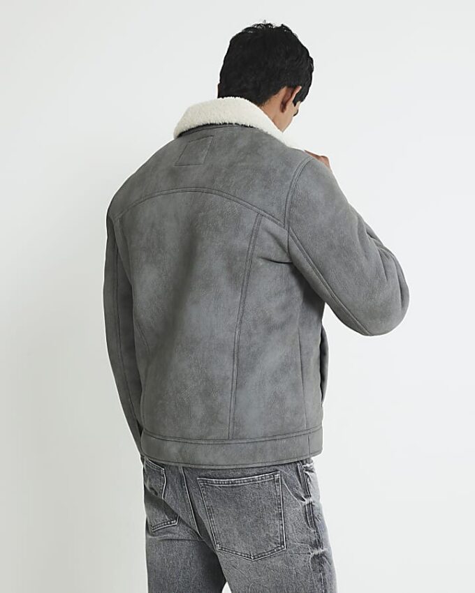 Grey Nubuck Zip Shearling Western Jacket