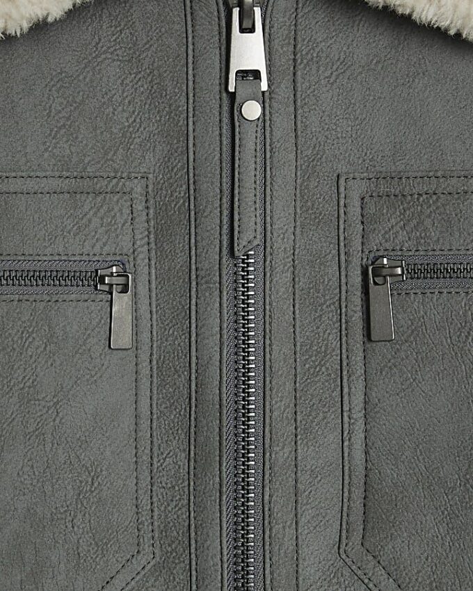 Grey Nubuck Zip Shearling Western Jacket