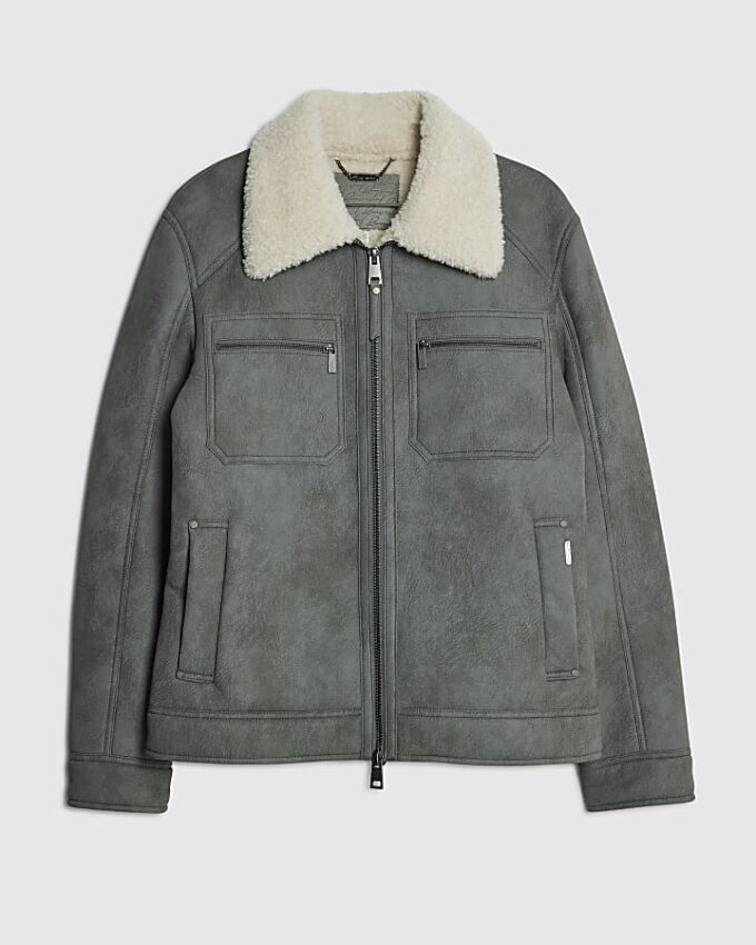 Grey Nubuck Zip Shearling Western Jacket