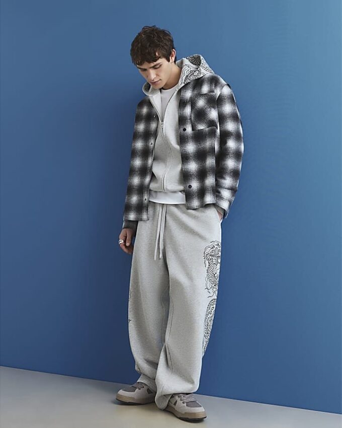 Grey Oversized Fit Japanese Dragon Hoodie