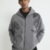 Grey Oversized Fit Zip Through Dragon Hoodie