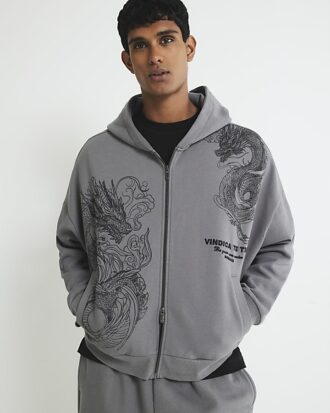 Grey Oversized Fit Zip Through Dragon Hoodie