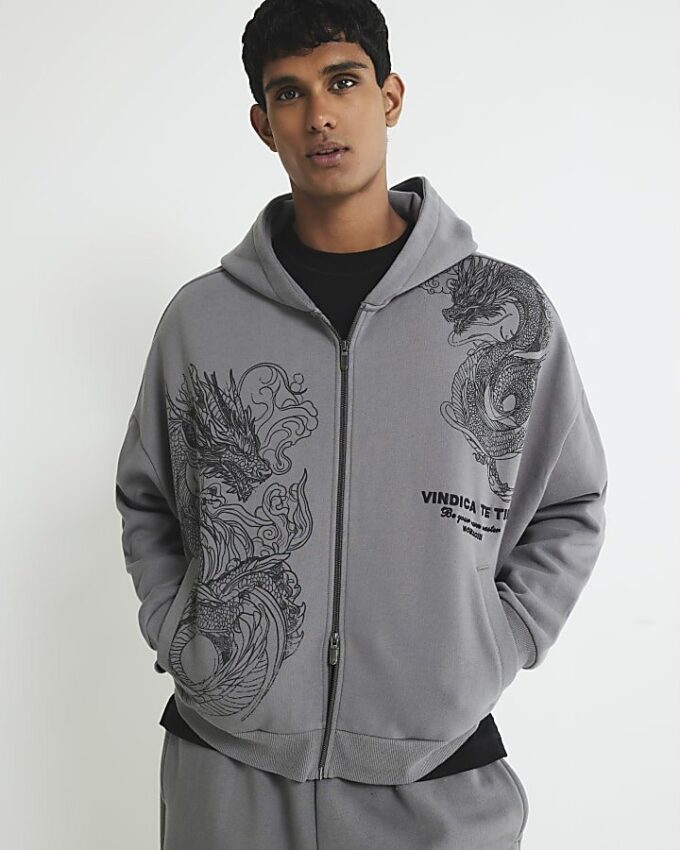 Grey Oversized Fit Zip Through Dragon Hoodie