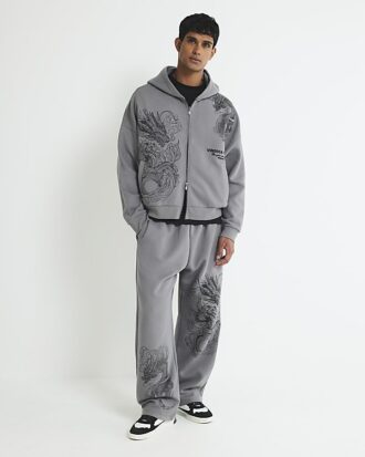 Grey Oversized Fit Zip Through Dragon Hoodie