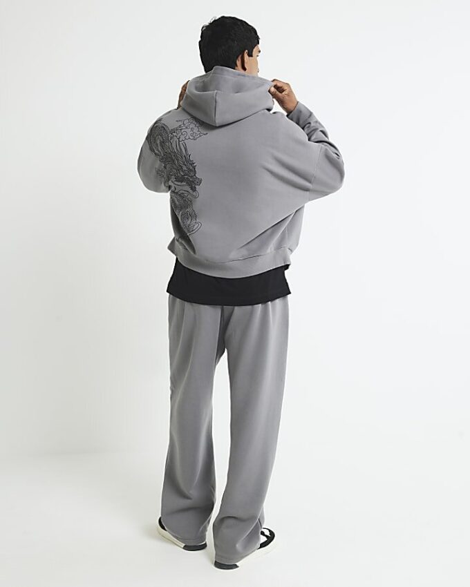 Grey Oversized Fit Zip Through Dragon Hoodie