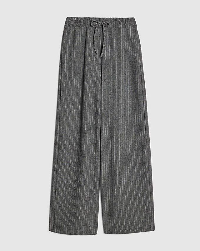 Grey Pinstripe Drawstring Wide Leg Trousers