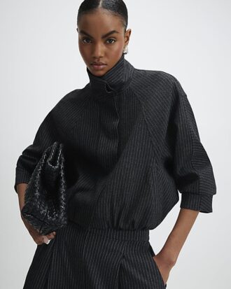 Grey Pinstripe Funnel Neck Bomber Jacket