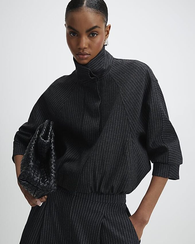 Grey Pinstripe Funnel Neck Bomber Jacket