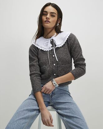 Grey Pleated Collar Cardigan
