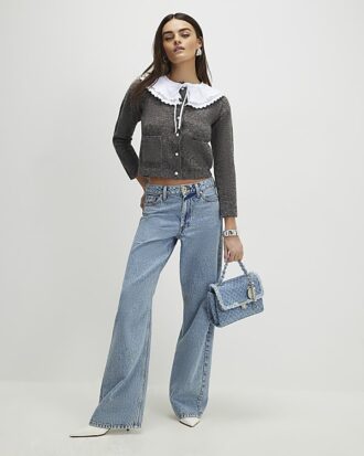 Grey Pleated Collar Cardigan
