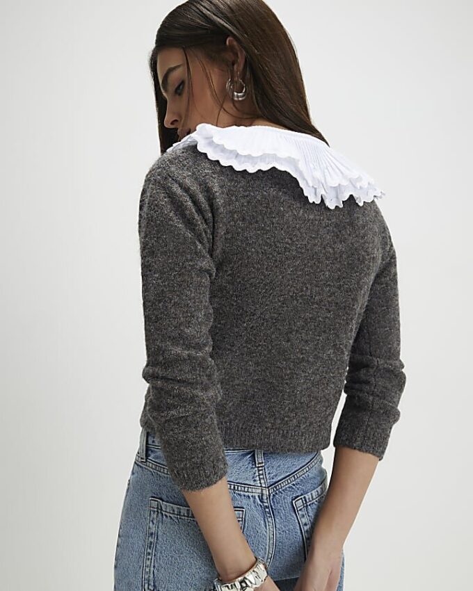 Grey Pleated Collar Cardigan