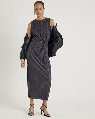 Grey Plisse Knot Side Midi Dress
