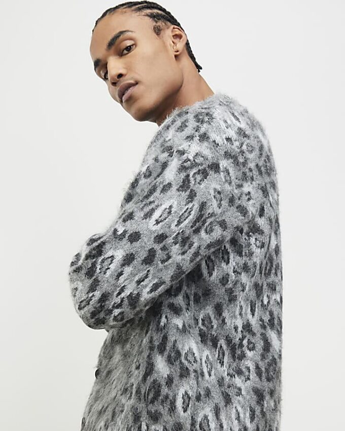 Grey Regular Fit Animal Cardigan
