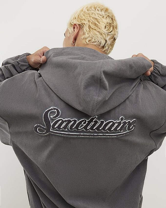 Grey Sanctuaire Corduroy Zip Through Hoodie