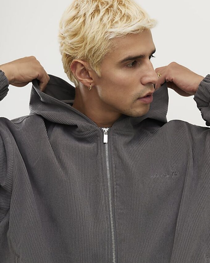 Grey Sanctuaire Corduroy Zip Through Hoodie