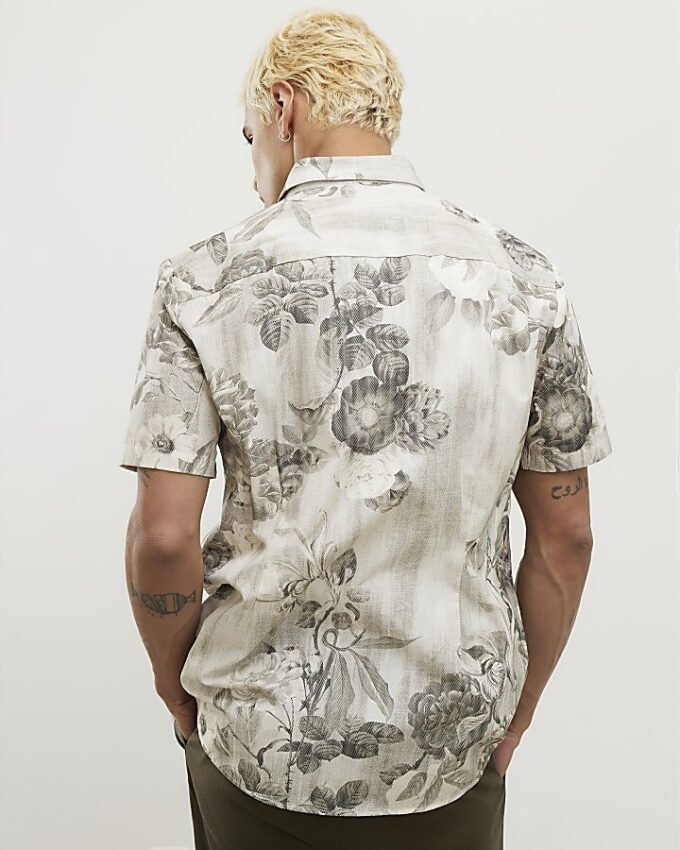 Grey Short Sleeve Slim Crystal Floral Shirt