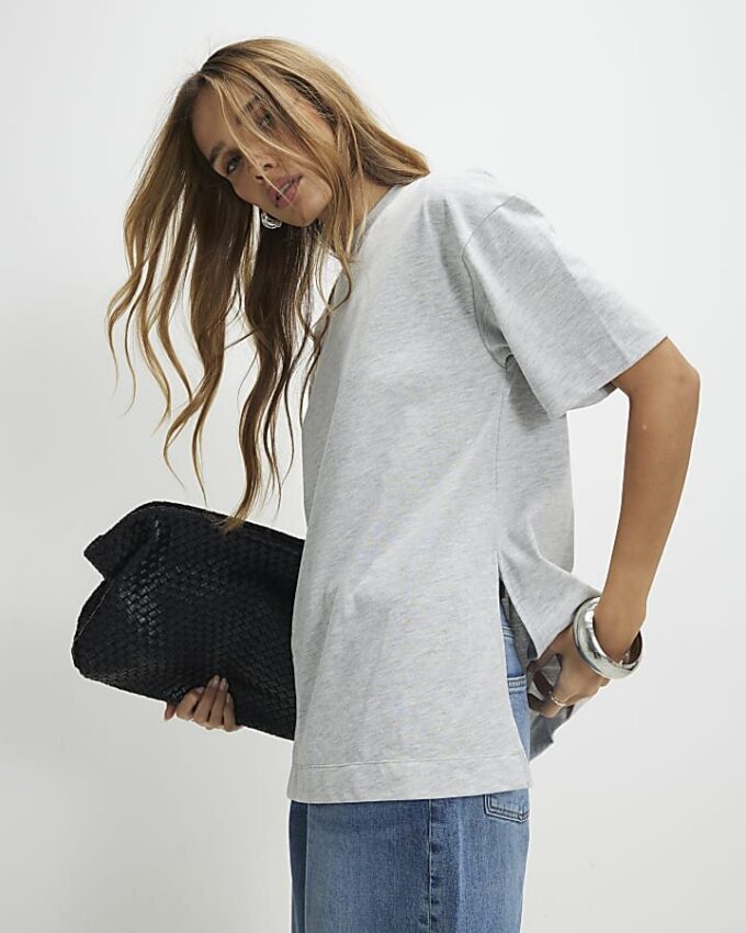 Grey Short Sleeve Slit Hem T-shirt