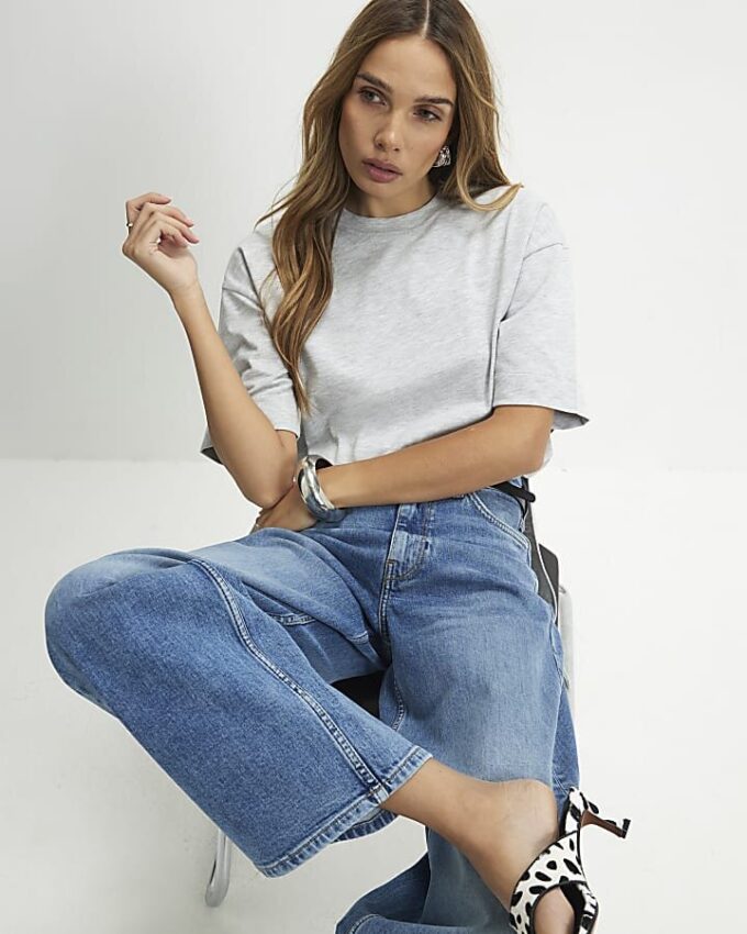Grey Short Sleeve Slit Hem T-shirt