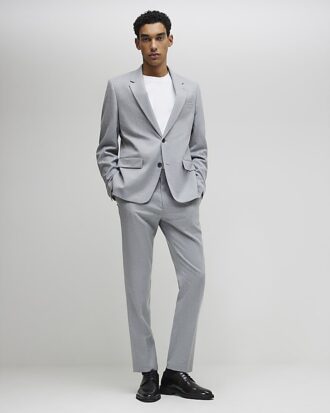 Grey Slim Fit Textured Suit Jacket