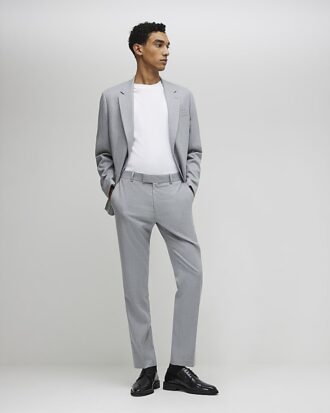 Grey Slim Fit Textured Suit Trousers