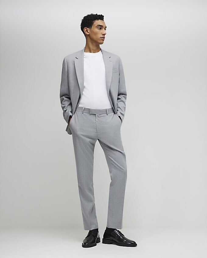 Grey Slim Fit Textured Suit Trousers
