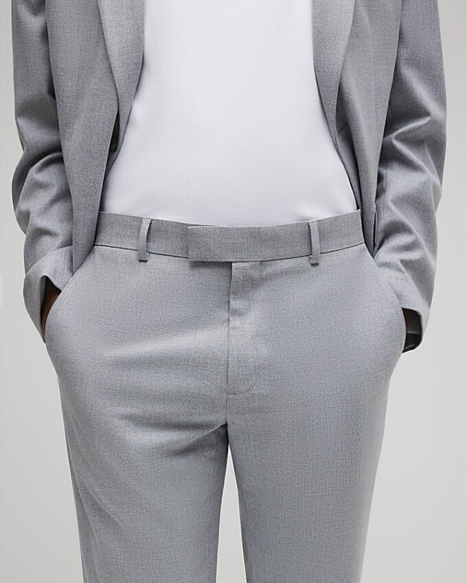 Grey Slim Fit Textured Suit Trousers