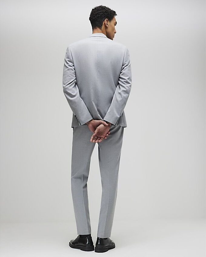 Grey Slim Fit Textured Suit Trousers